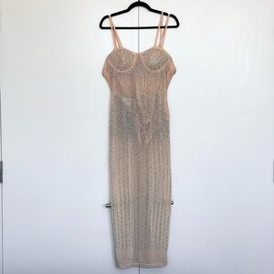 Rhinestone bodycon nude tan mesh maxi bustier corset gown dress | Size XL